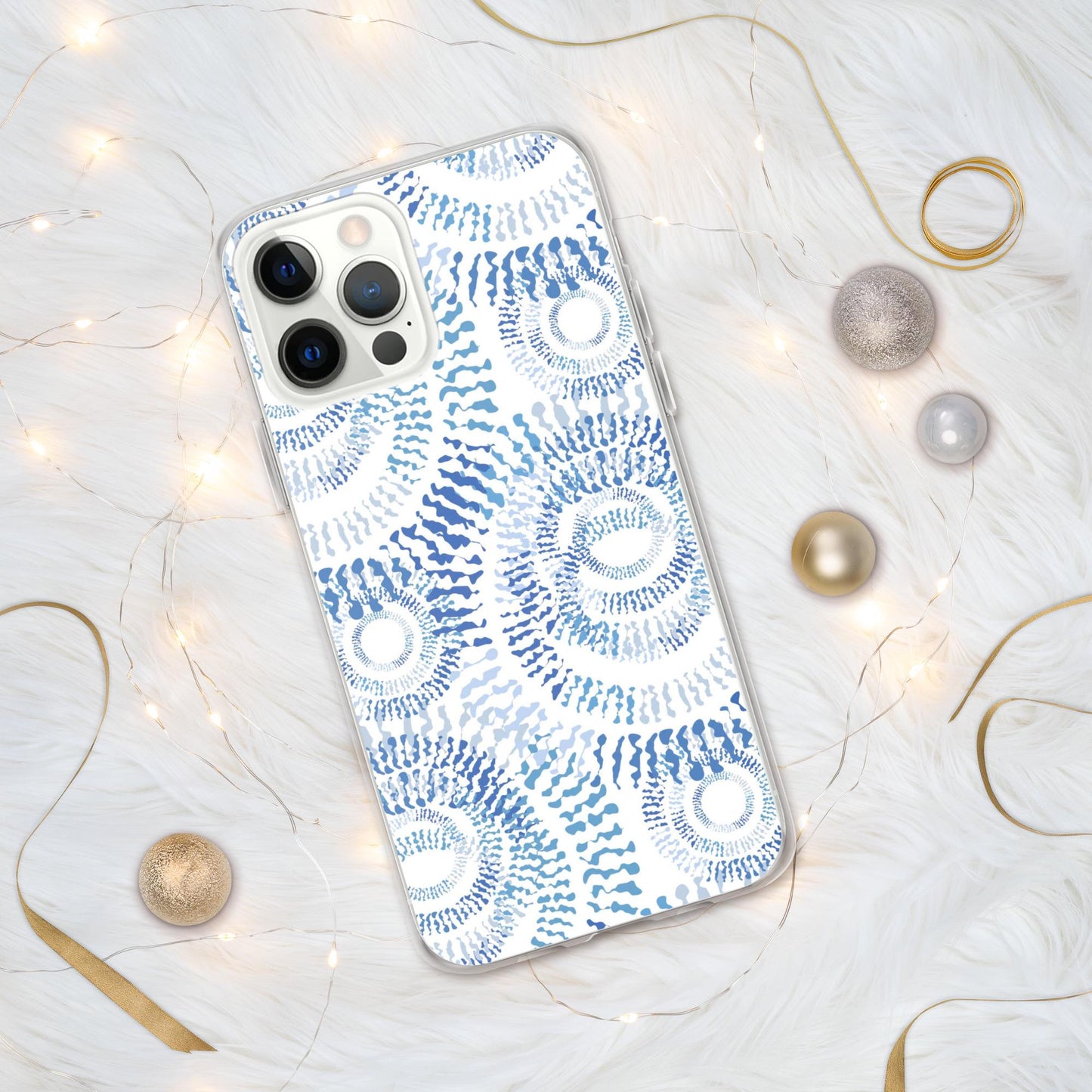 Clear Abstract Blue & White IPhone Case with Swirls, Circles Sleek Modern Design