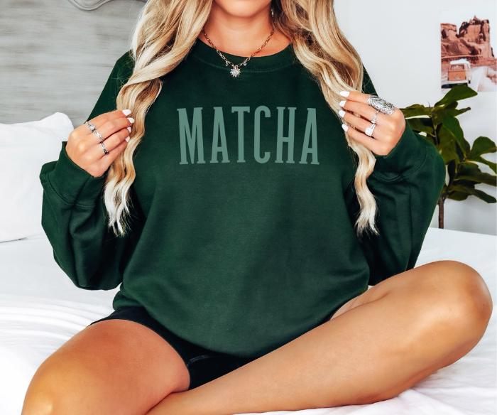 Matcha sweatshirt for matcha lovers. Perfect gift for friends, college students, or any tea enthusiast. Comfortable, stylish, and made from high-quality fabric. Ideal for casual wear or cozy days at home. Available in various sizes.