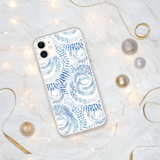 Clear Abstract Blue & White IPhone Case with Swirls, Circles Sleek Modern Design