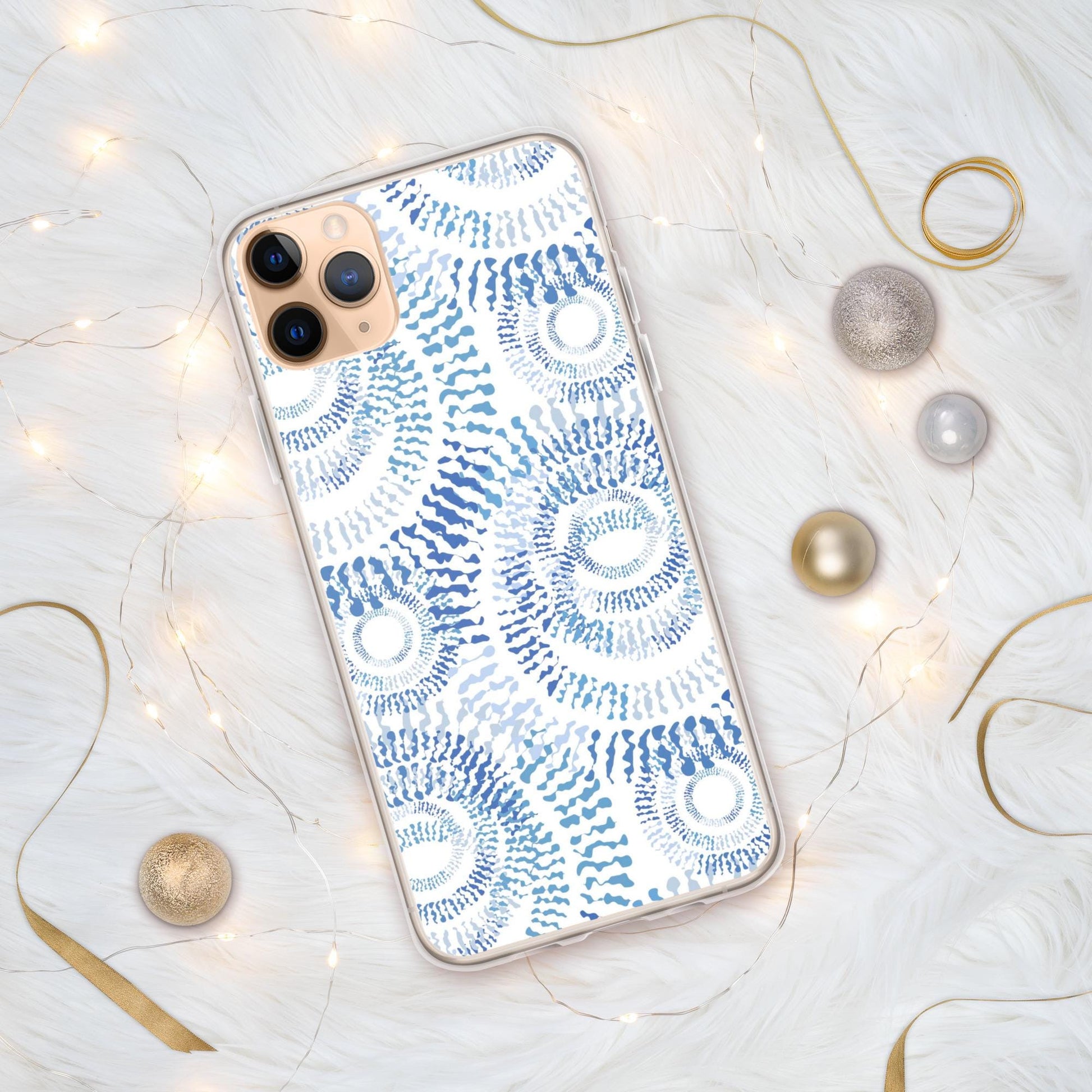 Clear Abstract Blue & White IPhone Case with Swirls, Circles Sleek Modern Design