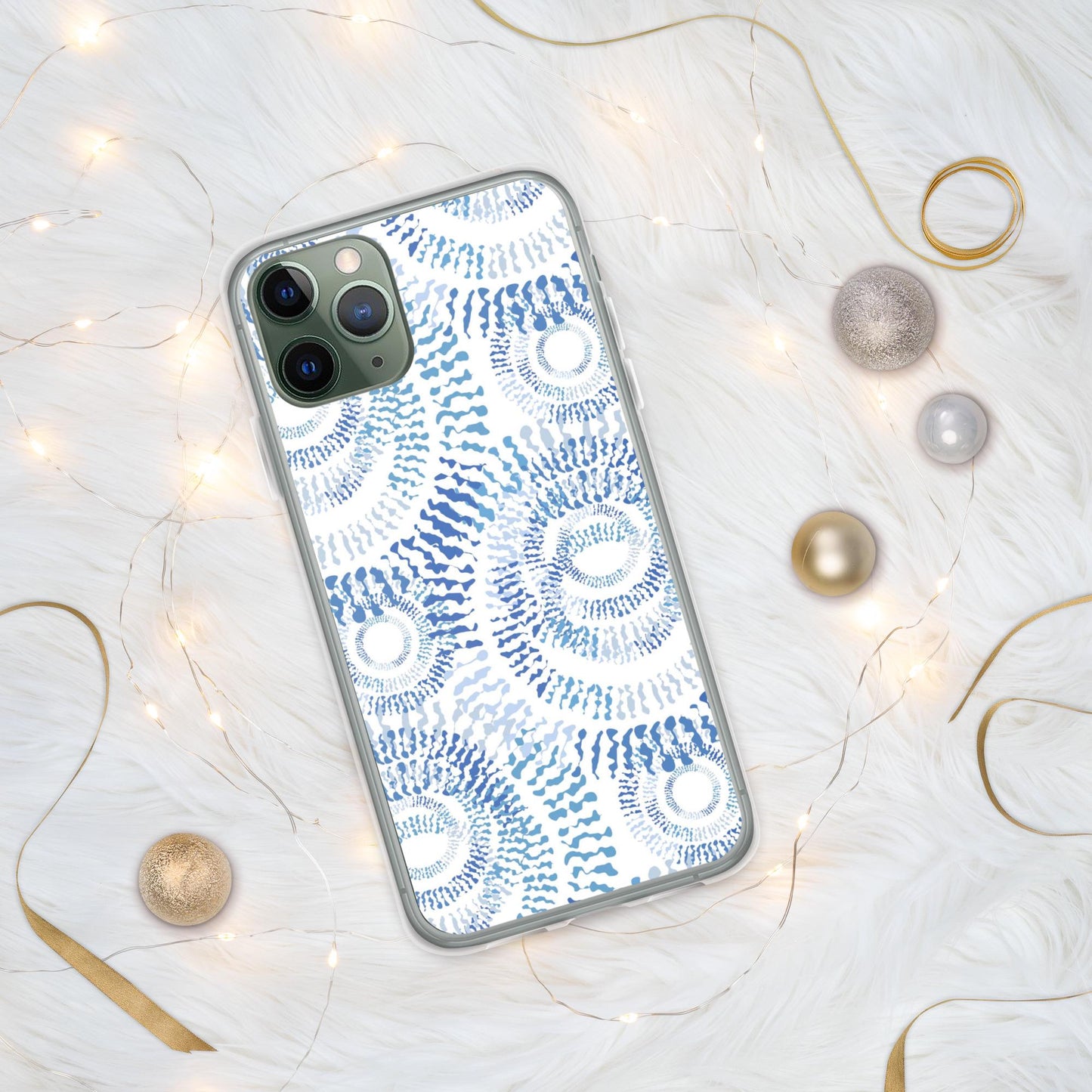 Clear Abstract Blue & White IPhone Case with Swirls, Circles Sleek Modern Design