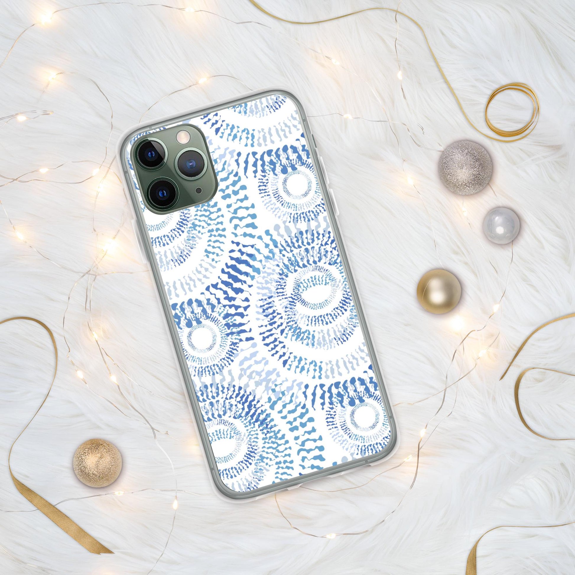 Clear Abstract Blue & White IPhone Case with Swirls, Circles Sleek Modern Design