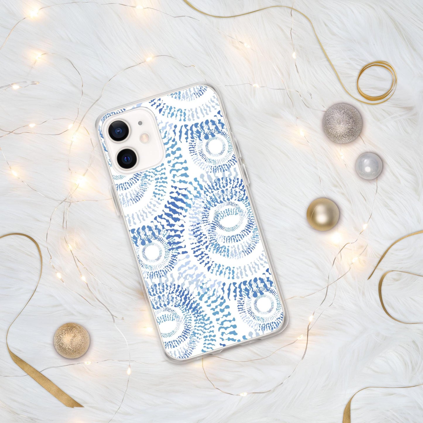 Clear Abstract Blue & White IPhone Case with Swirls, Circles Sleek Modern Design