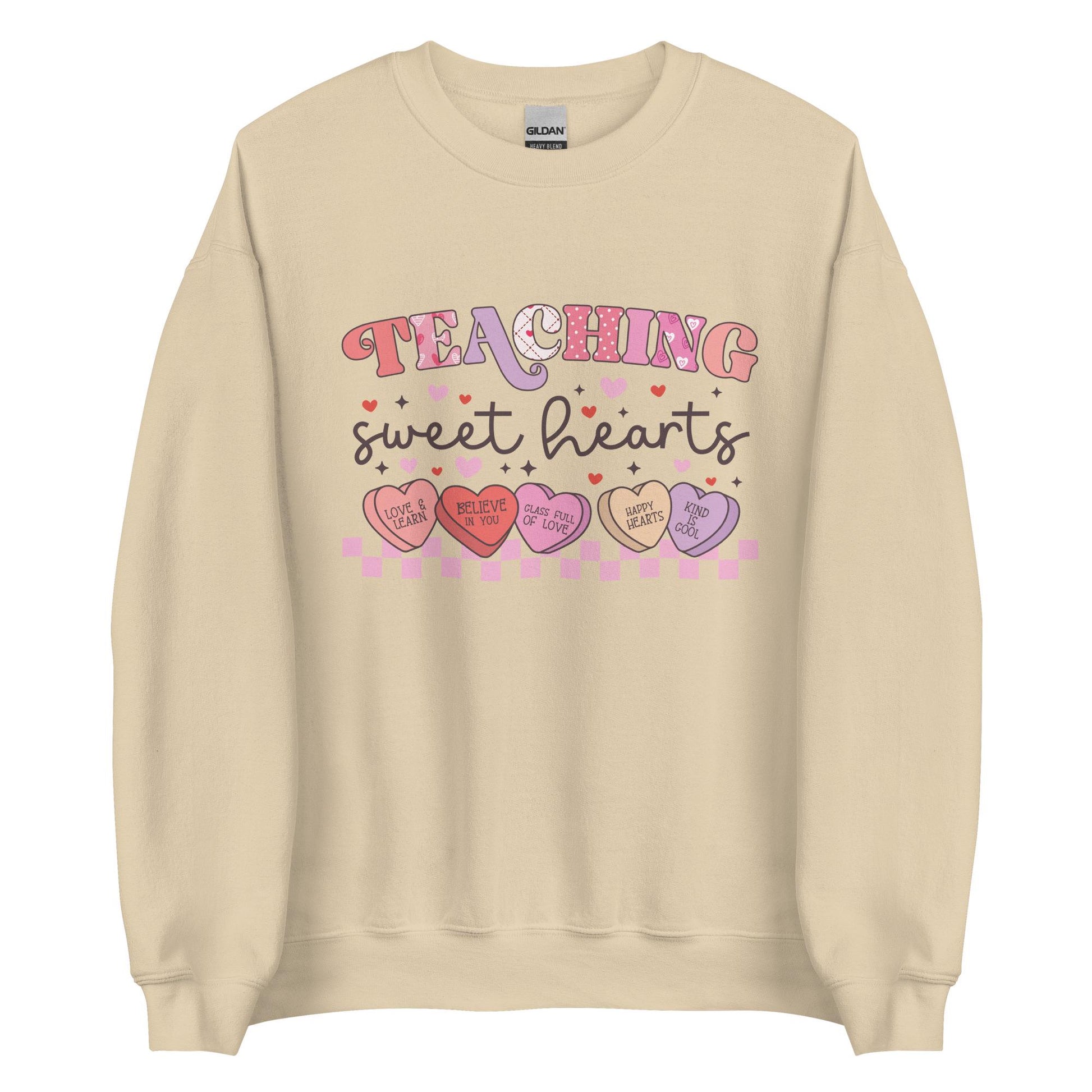 Teaching Sweethearts Unisex Crew Neck Sweatshirt | Gildan 18000 | White, Pink, Hot Pink, Sand | Perfect for Teachers, Valentine&#39;s Day