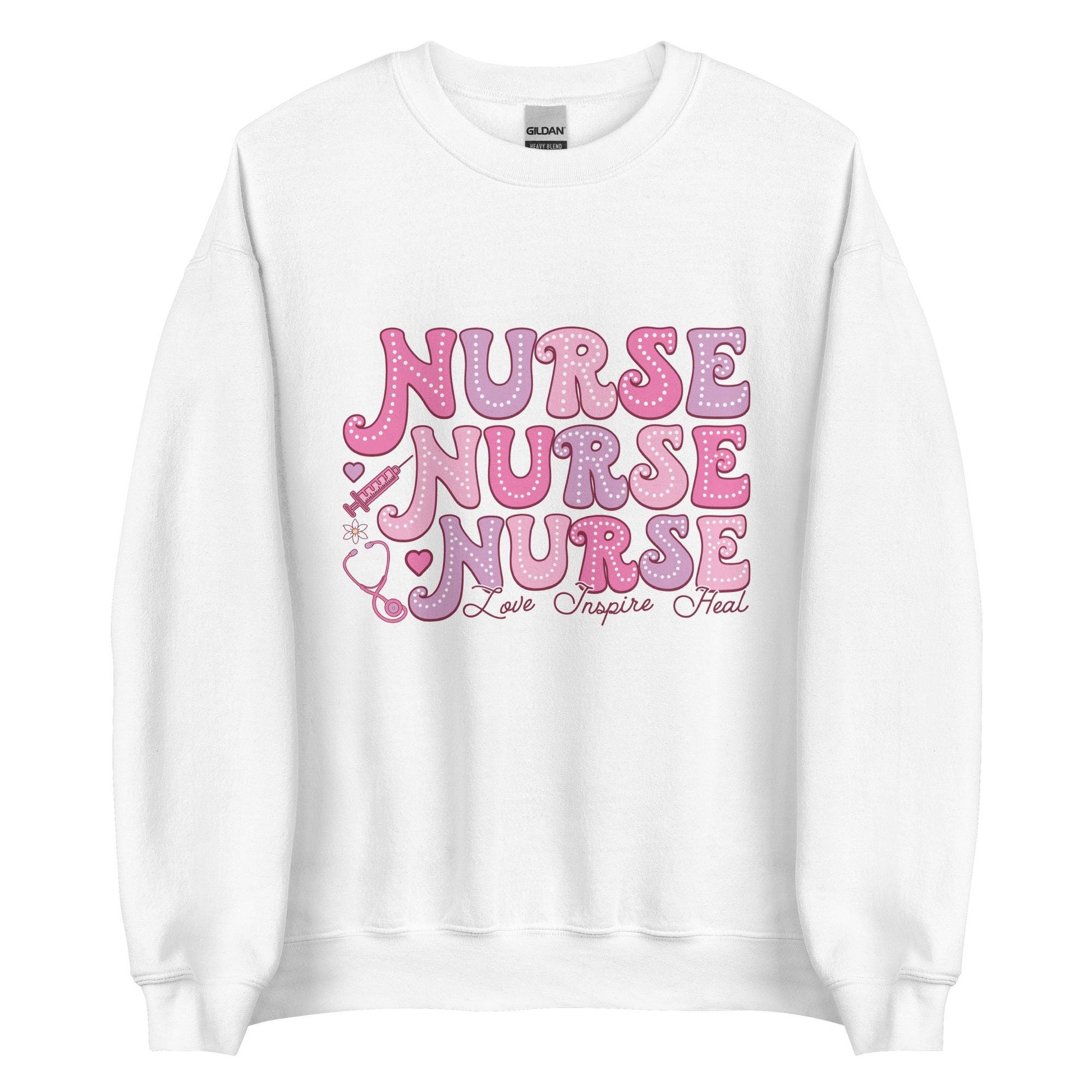 Love Inspire Heal Nurse Sweatshirt | Unisex Crew Neck | Gildan 18000 | Pink, White, Ash | Perfect Nurse Gift, Inspirational Sweatshirt