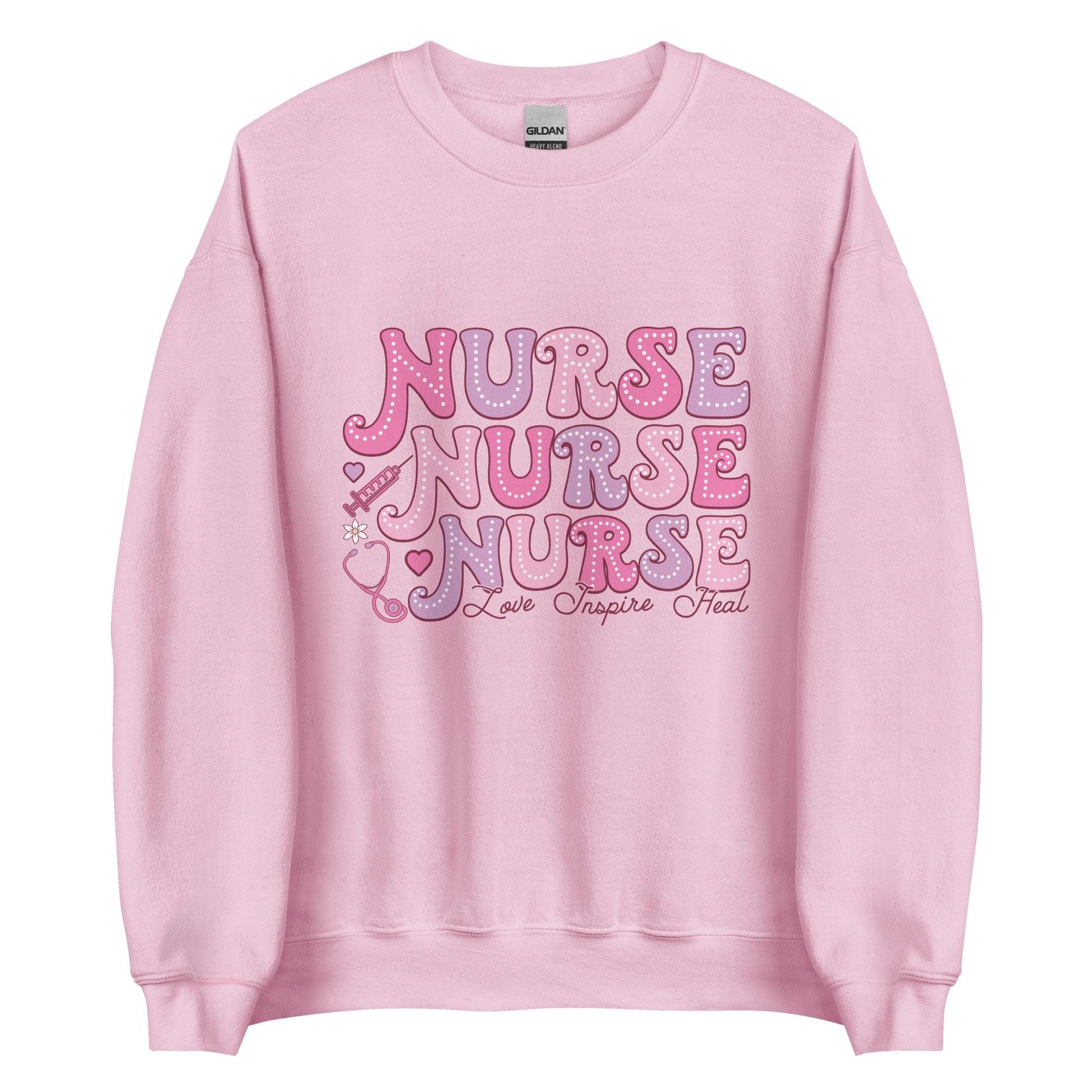 Love Inspire Heal Nurse Sweatshirt | Unisex Crew Neck | Gildan 18000 | Pink, White, Ash | Perfect Nurse Gift, Inspirational Sweatshirt