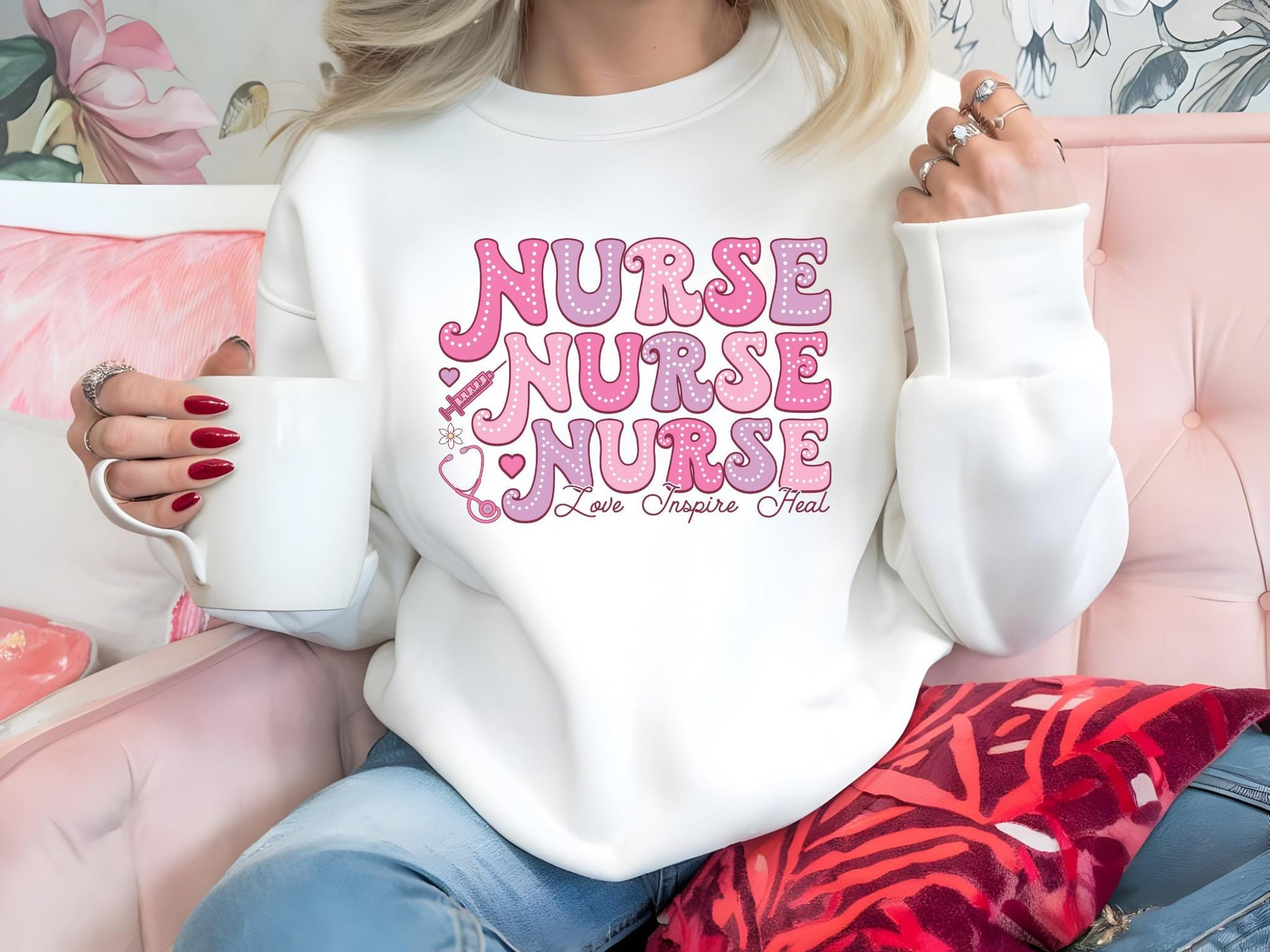 Love Inspire Heal Nurse Sweatshirt | Unisex Crew Neck | Gildan 18000 | Pink, White, Ash | Perfect Nurse Gift, Inspirational Sweatshirt