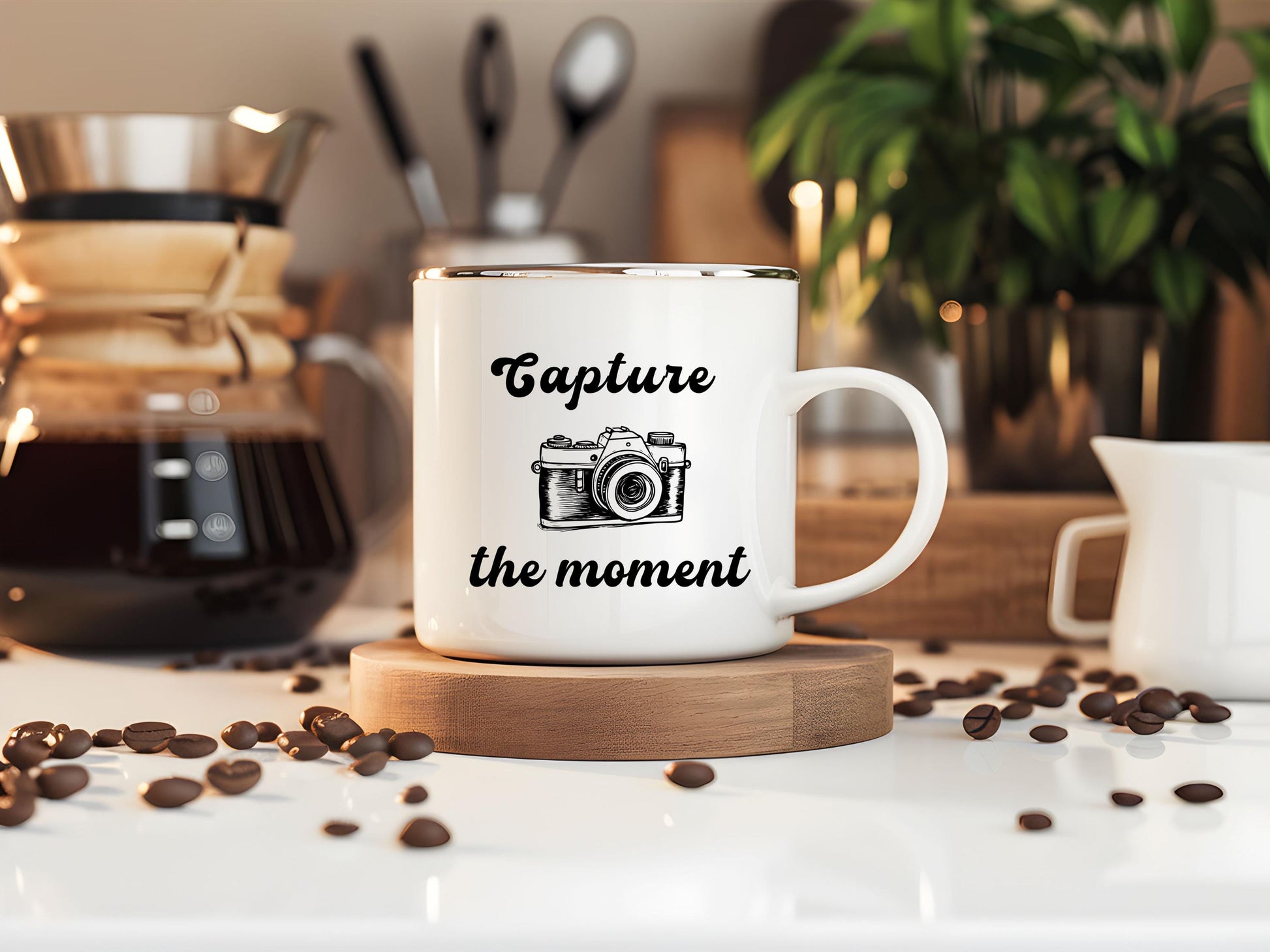 Capture the Moment - 12oz White Enamel Cup | Photography Lover Gift | Vintage Camera Design | Outdoor Adventure Mug
