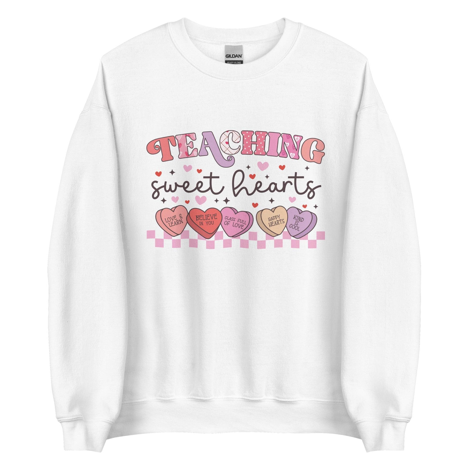 Teaching Sweethearts Unisex Crew Neck Sweatshirt | Gildan 18000 | White, Pink, Hot Pink, Sand | Perfect for Teachers, Valentine&#39;s Day