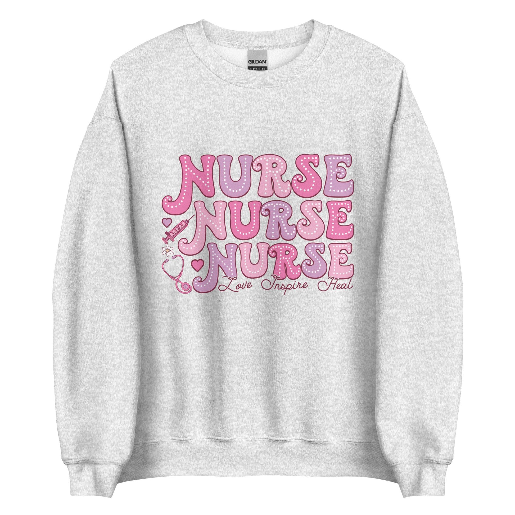 Love Inspire Heal Nurse Sweatshirt | Unisex Crew Neck | Gildan 18000 | Pink, White, Ash | Perfect Nurse Gift, Inspirational Sweatshirt