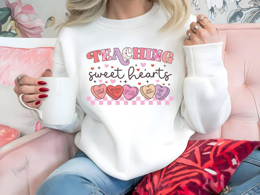 Teaching Sweethearts Unisex Crew Neck Sweatshirt | Gildan 18000 | White, Pink, Hot Pink, Sand | Perfect for Teachers, Valentine's Day