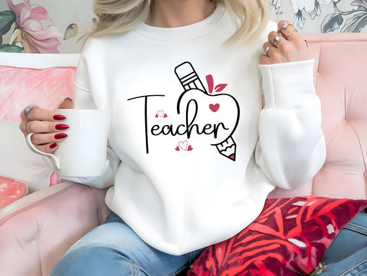Teacher Heart Valentine's Unisex Crew Neck Sweatshirt | Gildan 18000 | White, Pink, Hot Pink, Grey, Sand | Perfect Teacher Gift, Valentine's