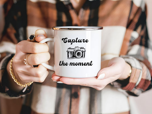 Capture the Moment - 12oz White Enamel Cup | Photography Lover Gift | Vintage Camera Design | Outdoor Adventure Mug