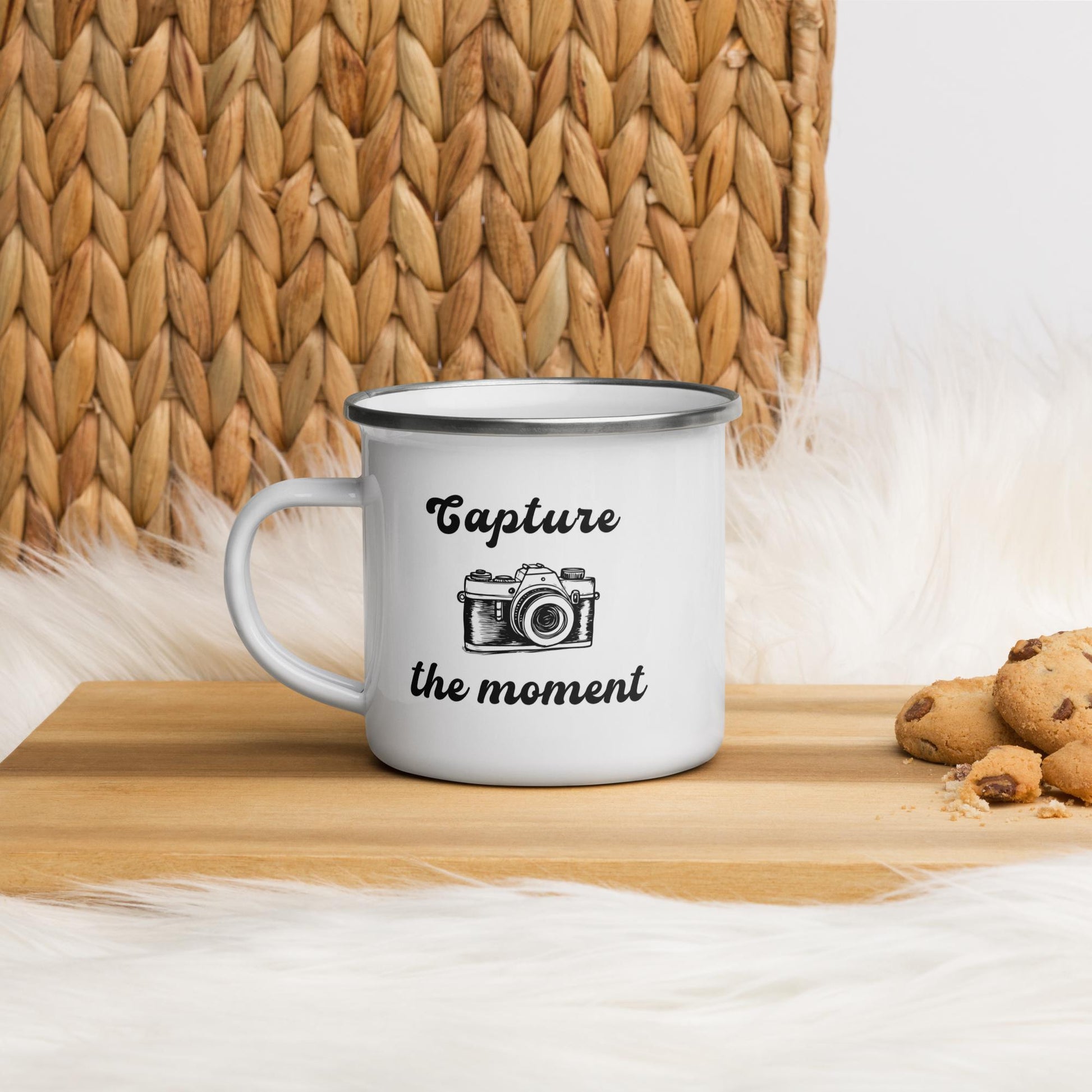 Capture the Moment - 12oz White Enamel Cup | Photography Lover Gift | Vintage Camera Design | Outdoor Adventure Mug