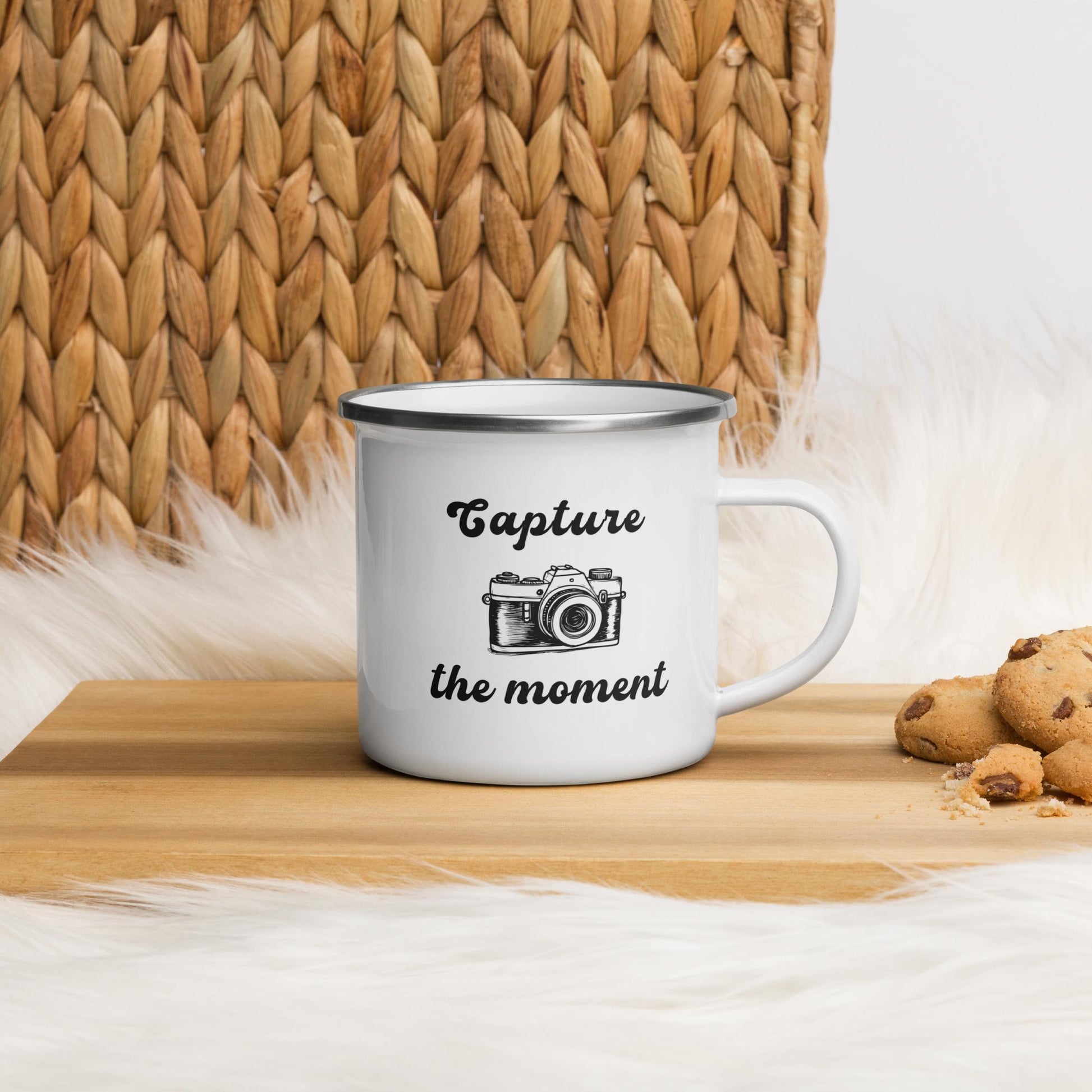 Capture the Moment - 12oz White Enamel Cup | Photography Lover Gift | Vintage Camera Design | Outdoor Adventure Mug