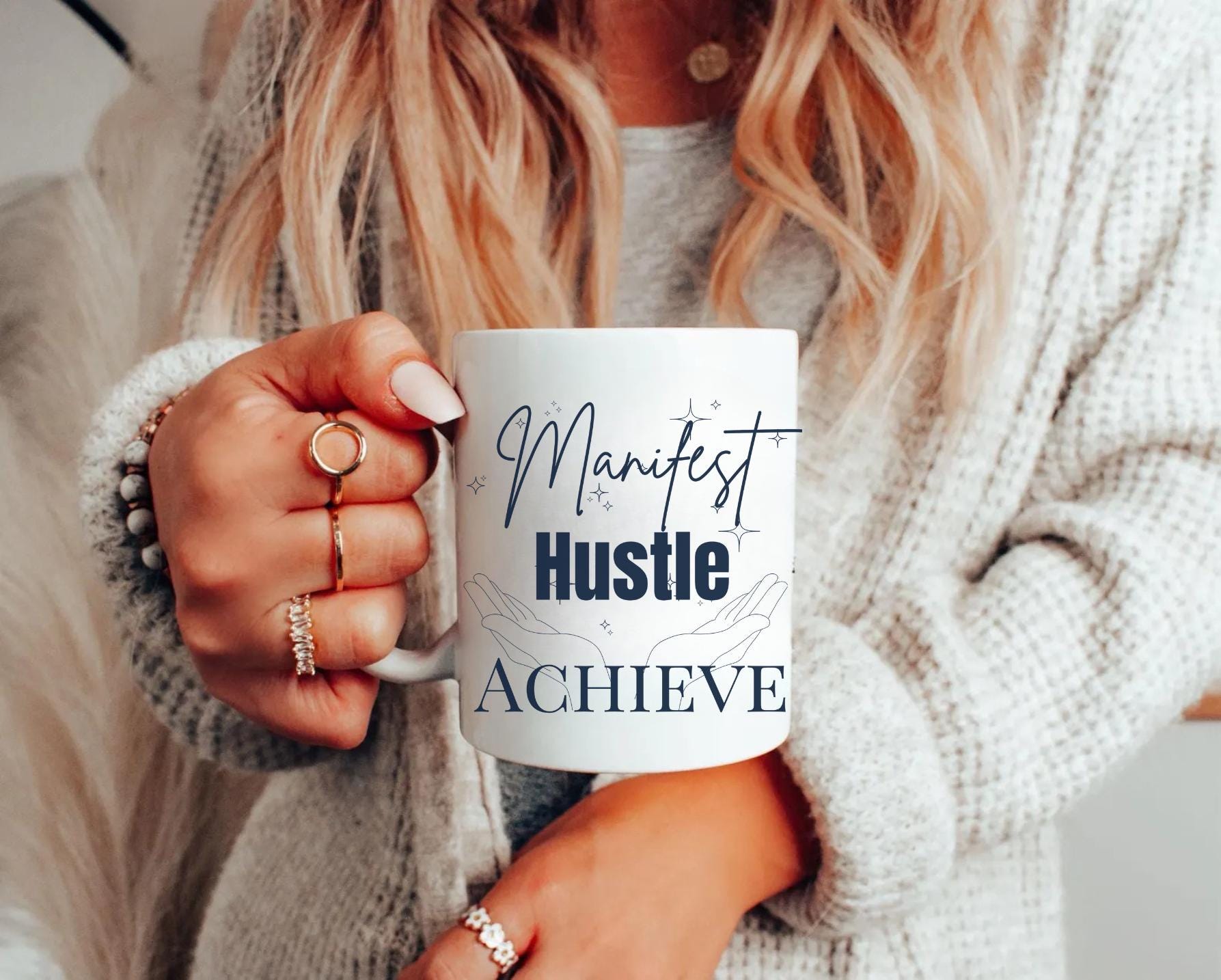 Motivational Coffee Mug | Manifest Hustle Achieve Mug | Inspirational Mug | Positive Affirmation Mug | Goal-Getters Gift | Motivational Gift | Success Mug | Productivity Mug Manifestation Mug Empowerment Mug Positive Quote Mug Daily Inspiration Gift